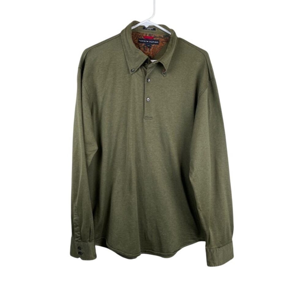 Tommy Hilfiger men's olive green 1/4 button down shirt.